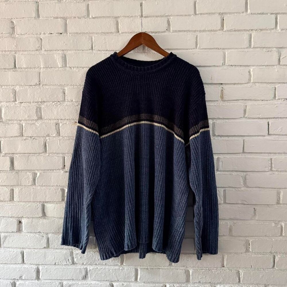 Vintage Arizona Jean Co. Multicolor Navy Blue Striped Acrylic Knit Sweater Lg
